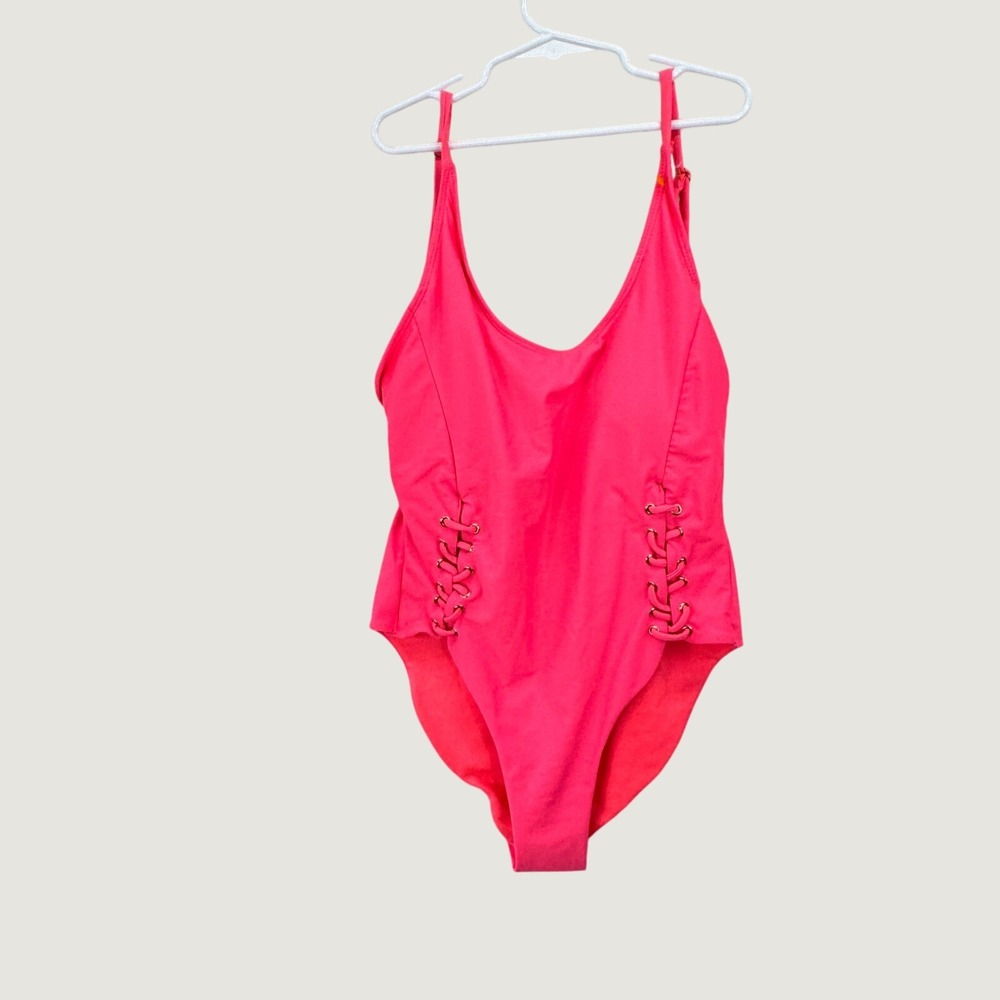TiniBikini One Piece Swimsuit M Neon Pink Lace Up‎ Side Barbiecore Festival Rave